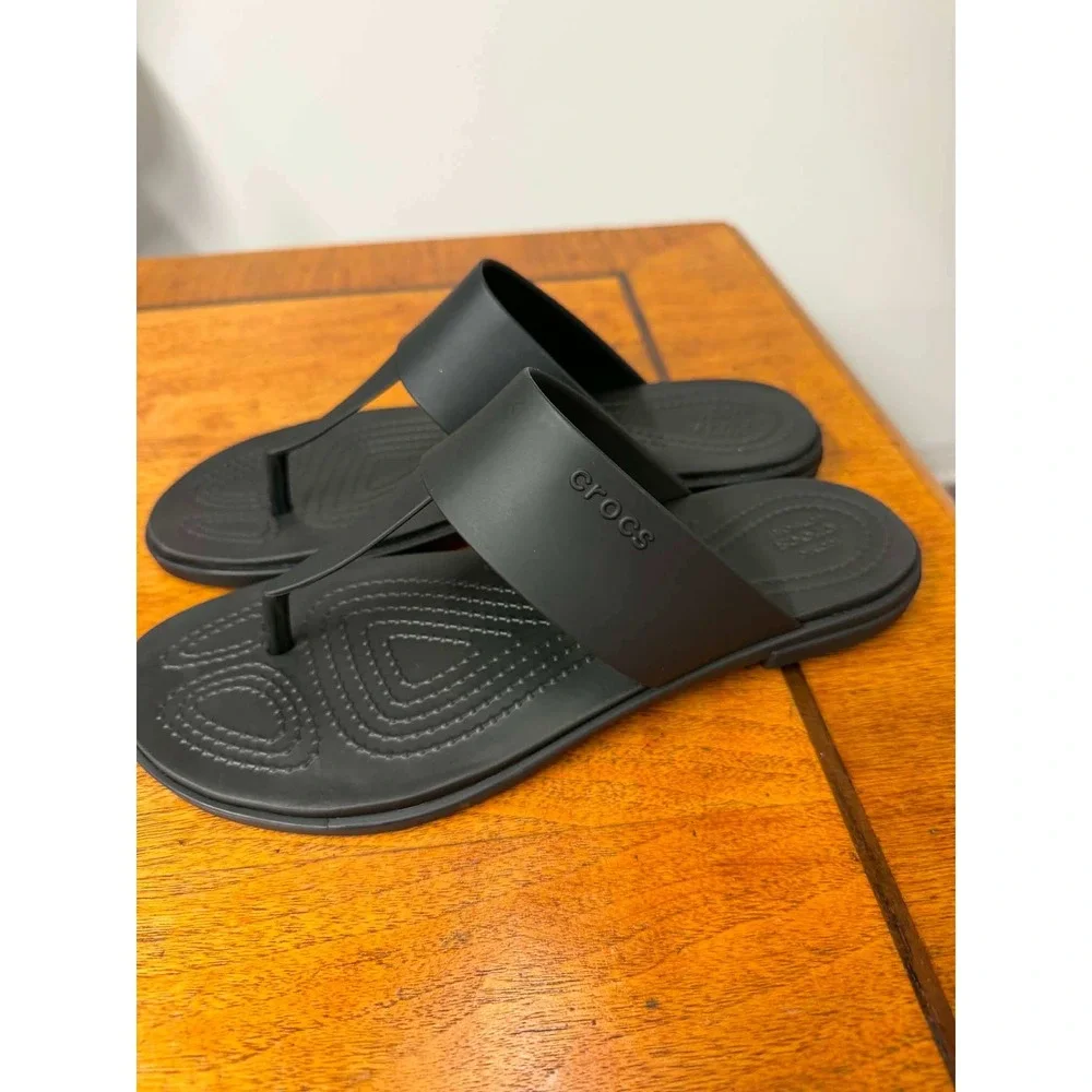 Crocs Serena Flip Flops Black Womens 7 Sandals T-Strap Flat 205468-060